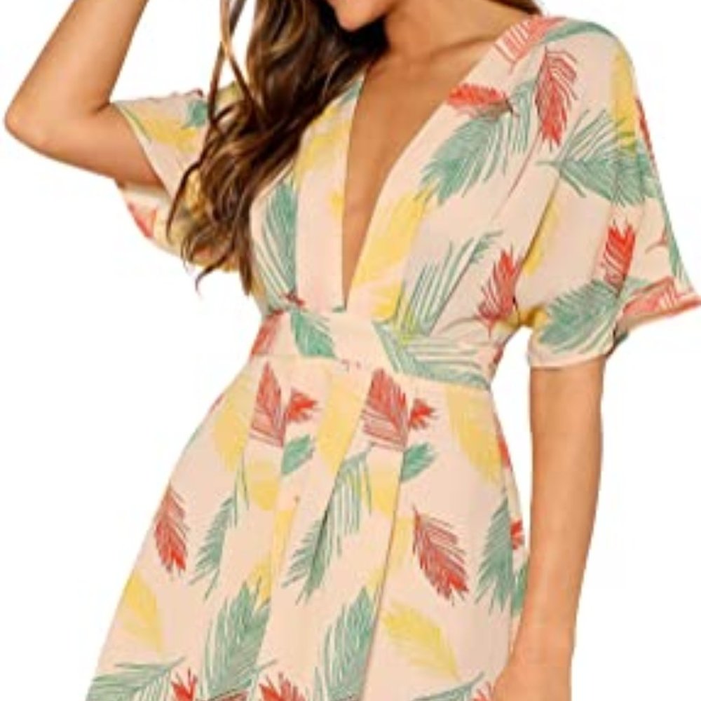 Floerns Women's Ditsy Floral Plunge Neck Line Short Dress Sz S